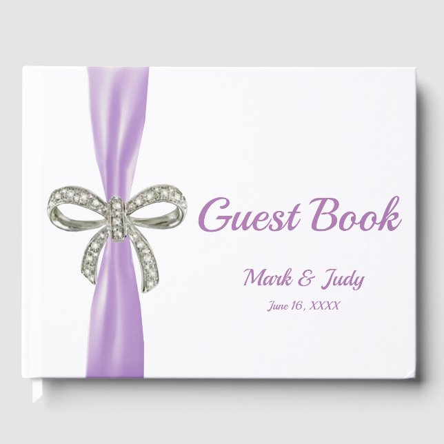 Lila Ribbon Diamond Bow Wedding Guestbook Gästebuch (Vorderseite)