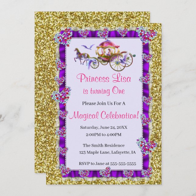 Lila Ribbon Gold Glitzer Royal Princess Birthday Einladung (Vorne/Hinten)