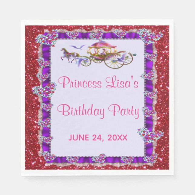 Lila Ribbon Red Glitzer Royal Princess Birthday Serviette (Vorderseite)