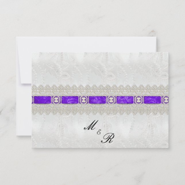 Lila Ribbon, White Satin Wedding RSVP Karte (Vorderseite)