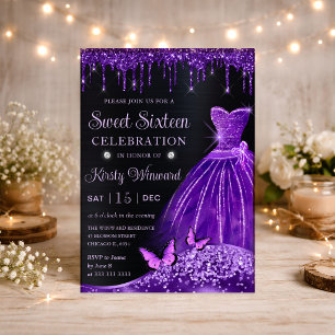 Lila Robe, Glitter & Schmetterling Sweet 16 Einladung