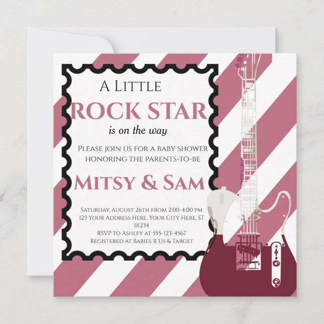 Lila Rock Star Rock a Bye Baby Dusche Einladung (Vorderseite)