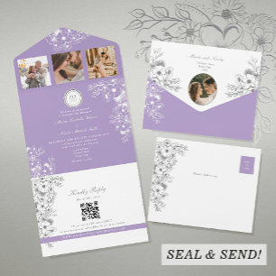 Lila romantische Foto Hochzeit All In One Einladung