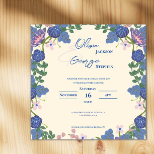 Lila romantische hübsche blaue Blumen Hochzeit im Magneteinladung