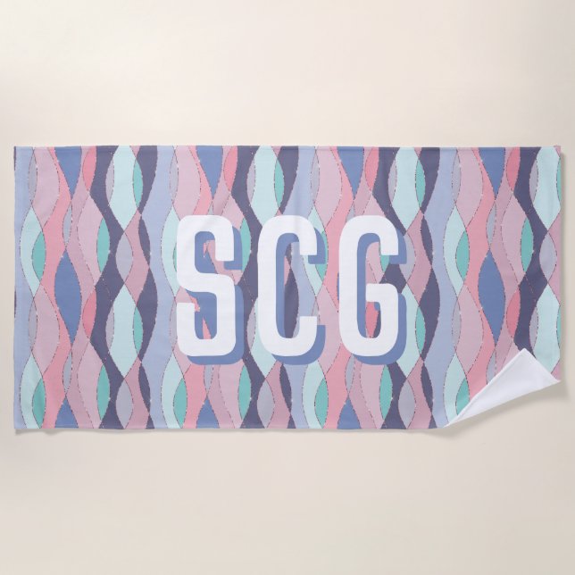 Lila-Rosa-Aqua-Wavy-Oversial-Initial-Monogramm Strandtuch (Vorderseite)