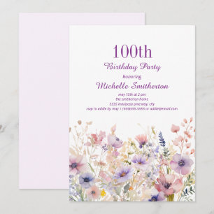 Lila Rosa Aquarell Wildblume 100. Geburtstag Einladung