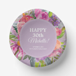Lila Rosa Aquarell Wildblume 30. Geburtstag Pappteller