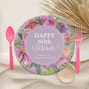 Lila Rosa Aquarell Wildblume 60. Geburtstag Pappteller