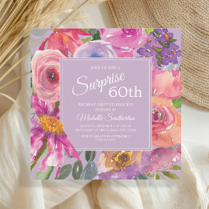 Lila rosa Aquarell-Wildblumen 60. Geburtstag Einladung