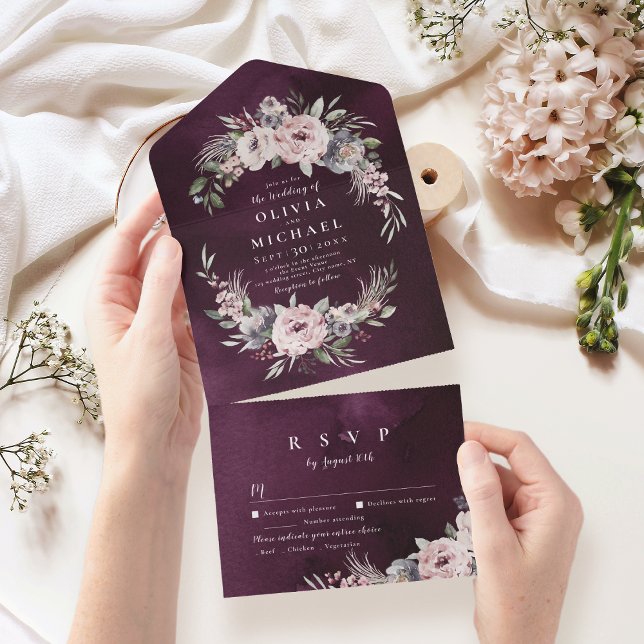 Lila Rosa Aquarellblütenhochzeit All In One Einladung (Purple pink watercolor floral rustic boho wedding all in one invitation)