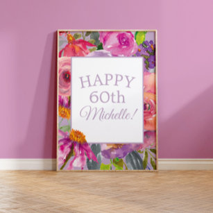 Lila Rosa Aquarellfarben Wildblumen Happy 60. Poster