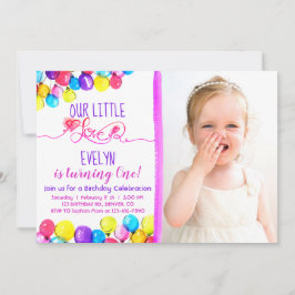 Lila rosa BALLOON Girl 1. Geburtstag Einladung