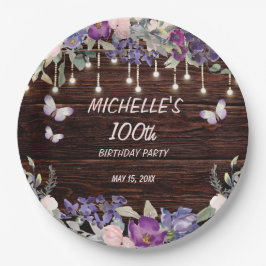 Lila Rosa Bläserschmetterling Rustikaler 100. Gebu Pappteller