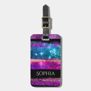 Lila Rosa Blau Glitter Sterne Pinselstriche Name Gepäckanhänger