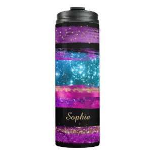 Lila Rosa Blau Glitter Sterne Pinselstriche Name Thermosbecher