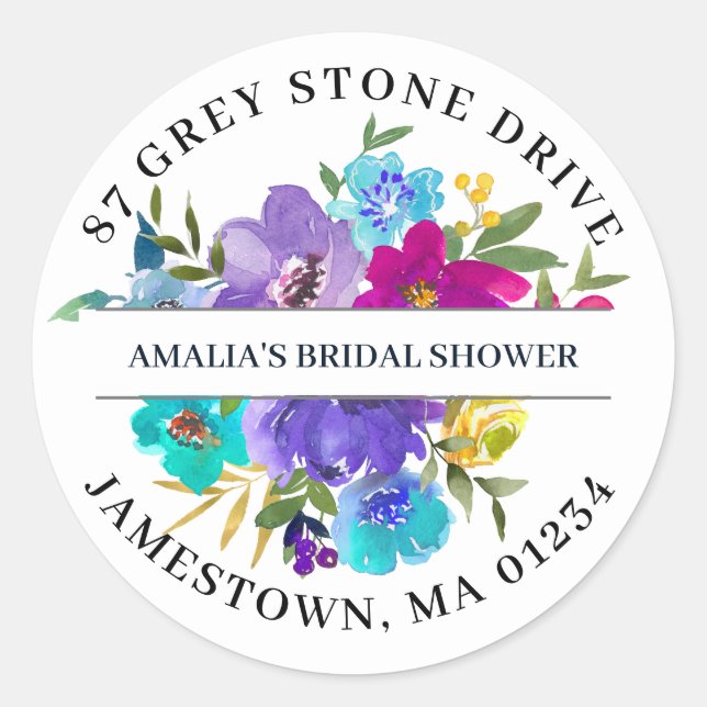 Lila rosa blaue florale Rücksendeadresse Runder Aufkleber (Vorderseite)