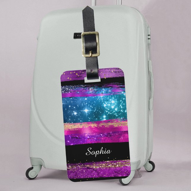 Lila rosa blaue Glitzer Sterne Pinselstriche Name Gepäckanhänger (Von Creator hochgeladen)