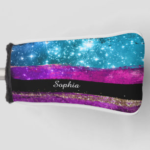 Lila rosa blaue Glitzer Sterne Pinselstriche Name Golf Headcover