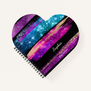 Lila rosa blaue Glitzer Sterne Pinselstriche Name Notizbuch