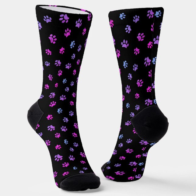Lila rosa blaue Paw-Druckmuster Schwarz Socken (Gewinkelt)