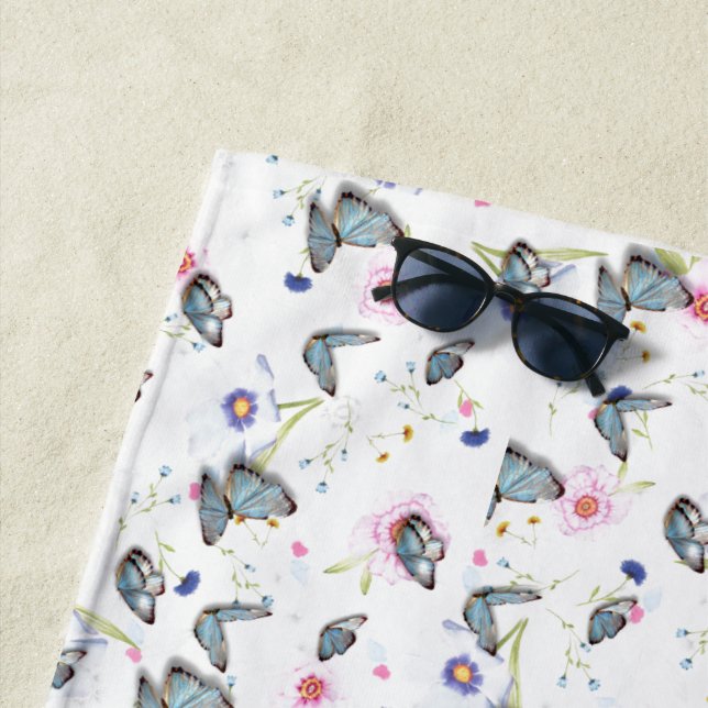 lila Rosa Blume Blauer Schmetterling Sommermuster Strandtuch (Beispiel)