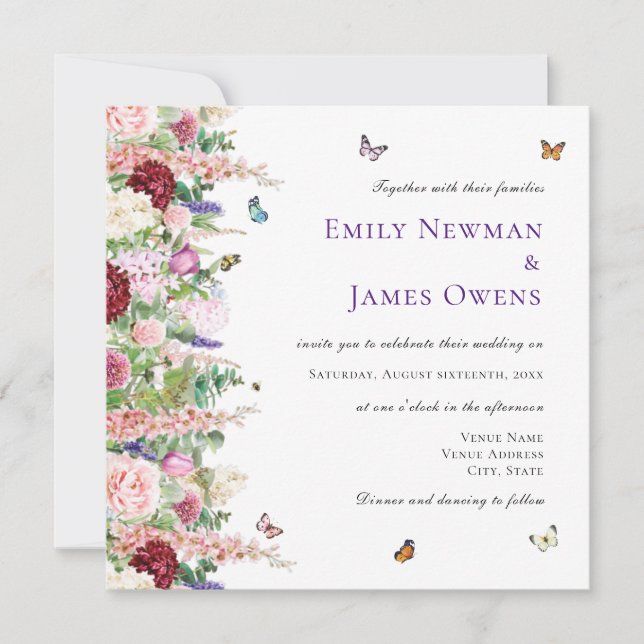 Lila Rosa Blume & Butterfly Square Hochzeit Einladung (Vorderseite)