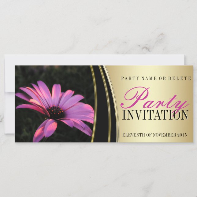 Lila Rosa Blume und Satin Gold Party Einladungen (Vorderseite)