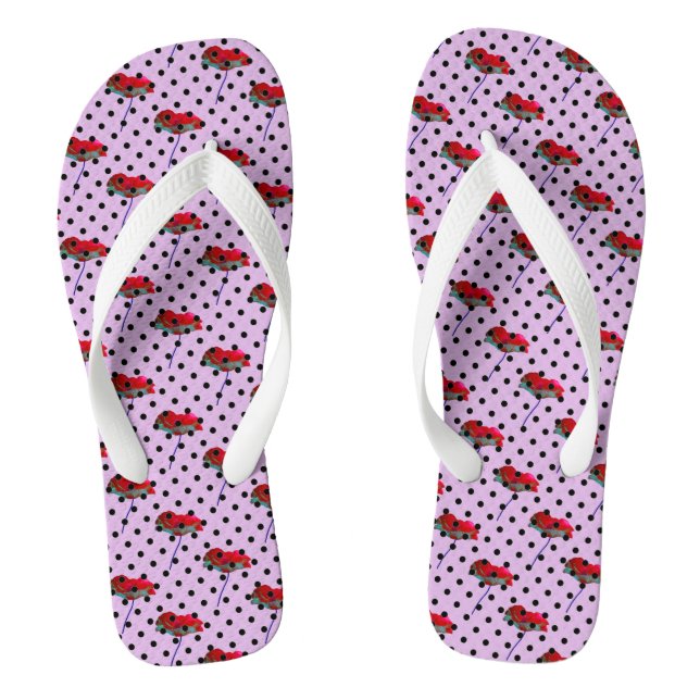 Lila rosa Blume und schwarze Polka Punkte Flip Flops (Fußbett)