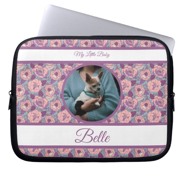 Lila rosa Blumen & Banner mit Name/ Phrase  Laptopschutzhülle (Vorderseite)