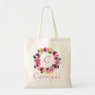 Lila Rosa Blumen Brautjungfer Monogramm Name  Tragetasche
