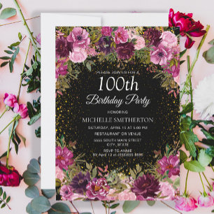 Lila Rosa Blumen Glitter Schwarz 100. Geburtstag Einladung