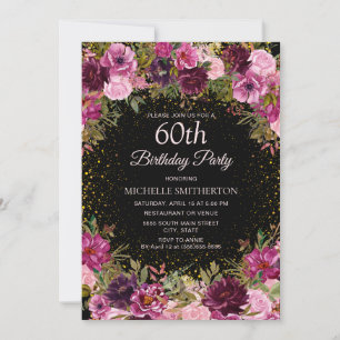 Lila Rosa Blumen Glitter Schwarz 60. Geburtstag Einladung
