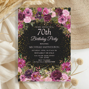 Lila Rosa Blumen Glitter Schwarz 70. Geburtstag Einladung