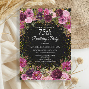 Lila Rosa Blumen Glitter Schwarz 75. Geburtstag Einladung