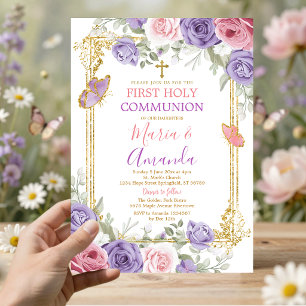 Lila Rosa Blumen Gold Kreuz Erste Heilige Kommunio Einladung