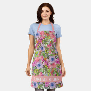 Lila rosa Blumen grüne Blätter Boho Küche Schürze