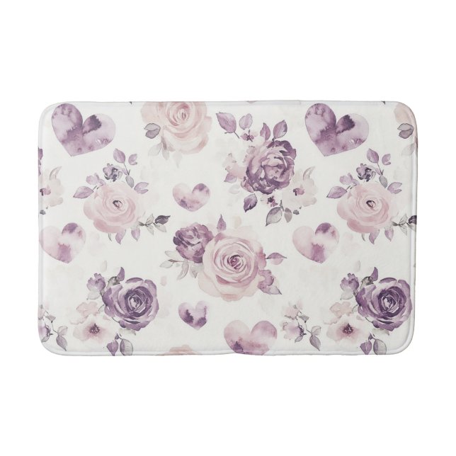 Lila Rosa Blumen & Herzen   Badematte (Vorderseite)