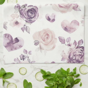 Lila Rosa Blumen & Herzen   Geschirrtuch