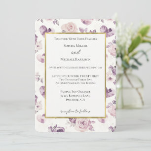 Lila Rosa Blumen & Herzen Hochzeit Einladung
