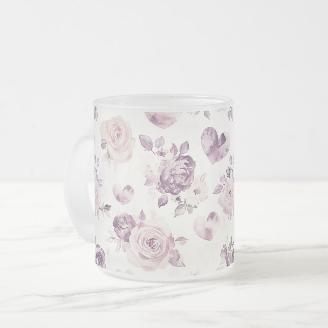 Lila Rosa Blumen & Herzen   Mattglastasse (Vorderseite Links)