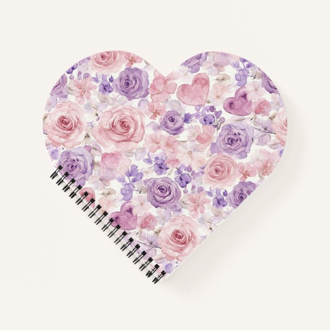 Lila rosa Blumen & Herzen Notizbuch (Vorderseite)