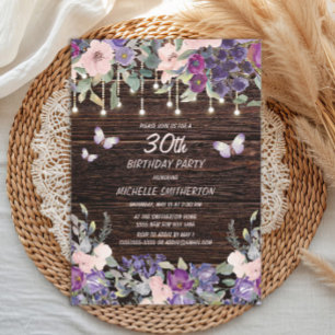 Lila Rosa Blumen Schmetterlinge Rustikal Holz 30.  Einladung