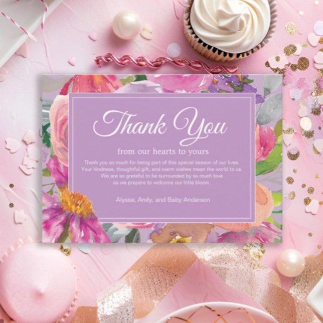 Lila rosa Blumenbücher für Babydusche Dankeskarte (Pink and purple watercolor floral "Little Bloom" baby girl shower thank you card)