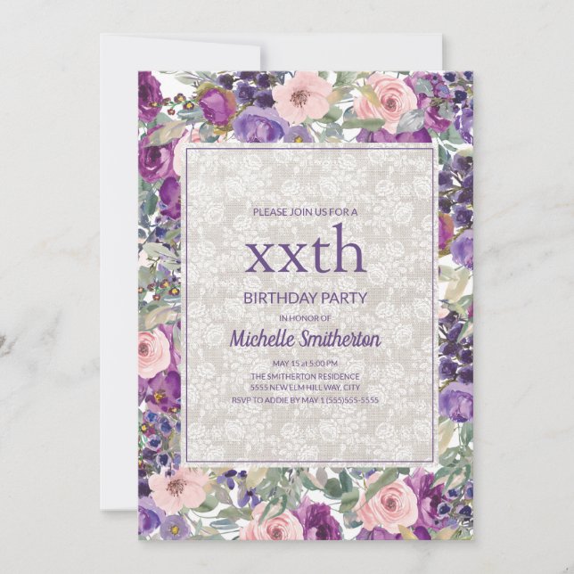 Lila rosa Blumenspitze jeden Geburtstag Einladung (Vorderseite)