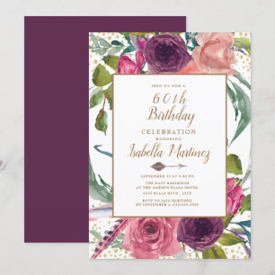 Lila Rosa Boho-Feder-Blumen-Gold 60. Geburtstag Einladung