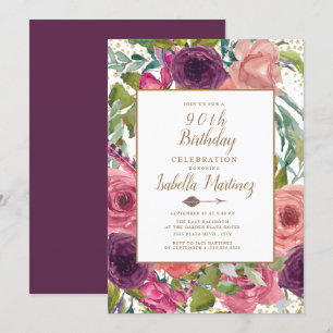 Lila Rosa Boho-Feder Blumen Gold 90. Geburtstag Einladung