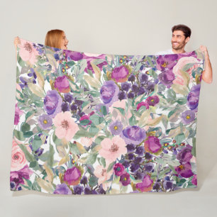 Lila Rosa Boho Watercolor Blumen Fleecedecke