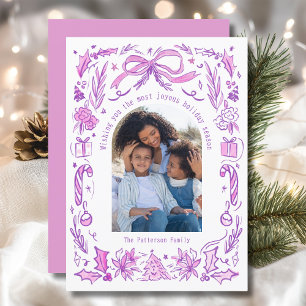 Lila Rosa Coquette-Doodle-Weihnachtsfamilienfoto Feiertagskarte