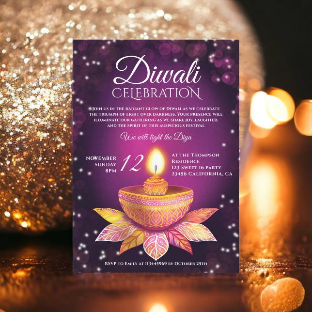 Lila-rosa Diwali Lampe-Lichtbildskript Einladung (Purple pink Diwali Lamps light illustration script Invitation)