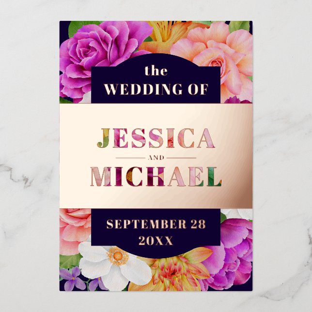 Lila Rosa Dunkelblaue Rose Gold Floral Hochzeit Folieneinladung (Vorderseite)